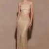 Vestido largo sin tirantes con pedrería Starla – Dorado