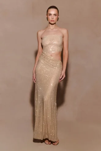Vestido largo sin tirantes con pedrería Starla – Dorado