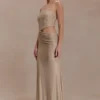 Vestido largo sin tirantes con pedrería Starla – Dorado