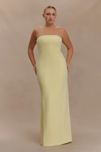 Vestido largo sin tirantes de crepé Kalila – Limón
