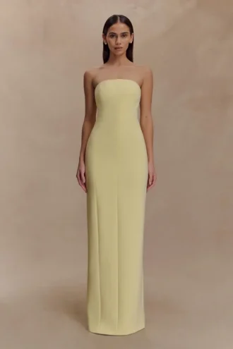 Vestido largo sin tirantes de crepé Kalila – Limón