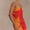 Vestido largo sin tirantes de gasa Amaya – Estampado de carpas y orquídeas Vestido largo sin tirantes de gasa Amaya – Estampado de carpas y orquídeas