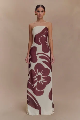 Vestido largo sin tirantes de gasa Amaya – Estampado Deco Fleur marrón