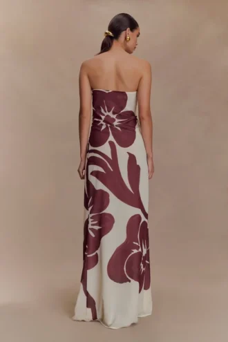 Vestido largo sin tirantes de gasa Amaya – Estampado Deco Fleur marrón