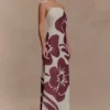 Vestido largo sin tirantes de gasa Amaya – Estampado Deco Fleur marrón Vestido largo sin tirantes de gasa Amaya – Estampado Deco Fleur marrón