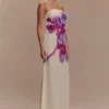 Vestido largo sin tirantes de gasa Amaya – Estampado Koi Orchid en marfil Vestido largo sin tirantes de gasa Amaya – Estampado Koi Orchid en marfil