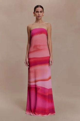 Vestido largo sin tirantes de gasa Amaya – Estampado Pink Sunset