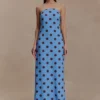 Vestido largo sin tirantes de gasa Amaya – Lunares azules Vestido largo sin tirantes de gasa Amaya – Lunares azules