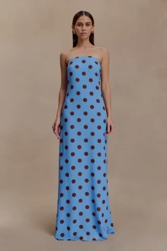 Vestido largo sin tirantes de gasa Amaya – Lunares azules