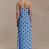 Vestido largo sin tirantes de gasa Amaya – Lunares azules Vestido largo sin tirantes de gasa Amaya – Lunares azules