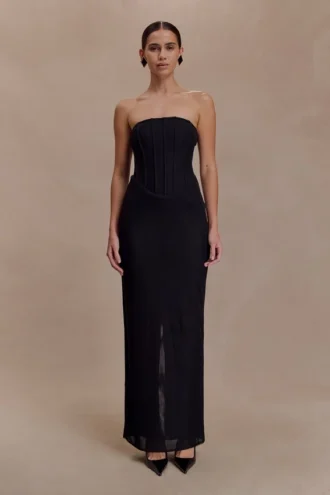 Vestido largo sin tirantes de malla Gemma – Negro Vestido largo sin tirantes de malla Gemma – Negro