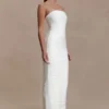 Vestido largo sin tirantes de malla Jianna – Marfil