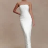 Vestido largo sin tirantes de malla Jianna – Marfil