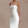 Vestido largo sin tirantes de malla Jianna – Marfil