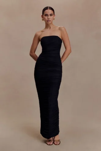 Vestido largo sin tirantes de malla Jianna – Negro