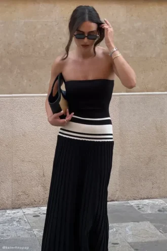 Vestido largo sin tirantes de punto en contraste Solaris – Negro/Blanco