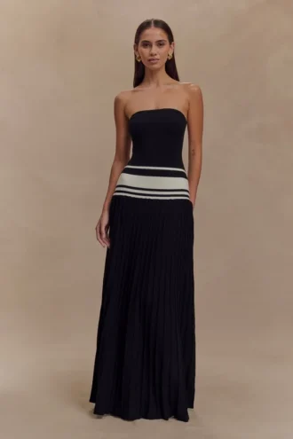 Vestido largo sin tirantes de punto en contraste Solaris – Negro/Blanco