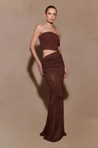Vestido largo sin tirantes de punto Jasiel – Chocolate