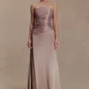 Vestido largo sin tirantes de tafetán Serena – Bronce topo Vestido largo sin tirantes de tafetán Serena – Bronce topo