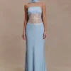 Vestido largo sin tirantes Pilar de satén y encaje – Azul aciano Vestido largo sin tirantes Pilar de satén y encaje – Azul aciano