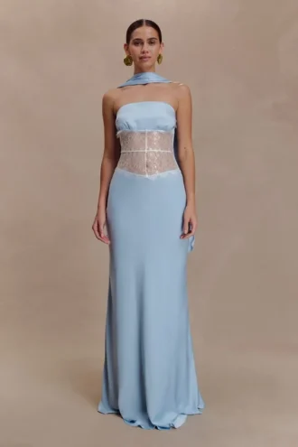 Vestido largo sin tirantes Pilar de satén y encaje – Azul aciano