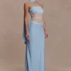 Vestido largo sin tirantes Pilar de satén y encaje – Azul aciano Vestido largo sin tirantes Pilar de satén y encaje – Azul aciano