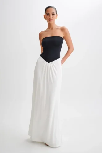Vestido largo sin tirantes Ruby Strapless Slinky – Negro/Blanco