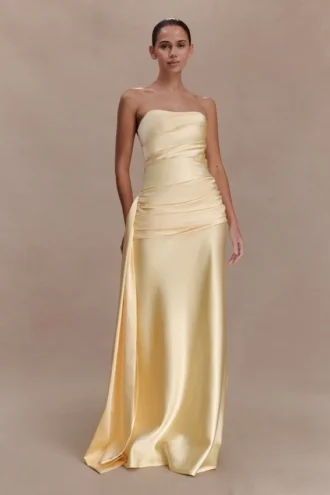 Vestido largo sin tirantes Sarah con lazo en la cintura – Limón
