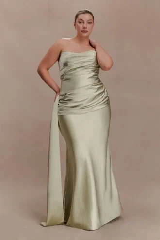 Vestido largo sin tirantes Sarah con lazo en la cintura – Salvia