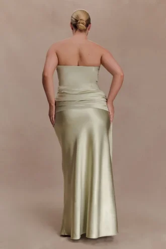 Vestido largo sin tirantes Sarah con lazo en la cintura – Salvia