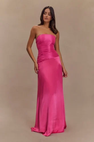 Vestido largo sin tirantes Serena de tafetán – Rosa carmesí