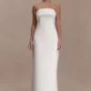 Vestido largo sin tirantes Sloane con perlas – Blanco