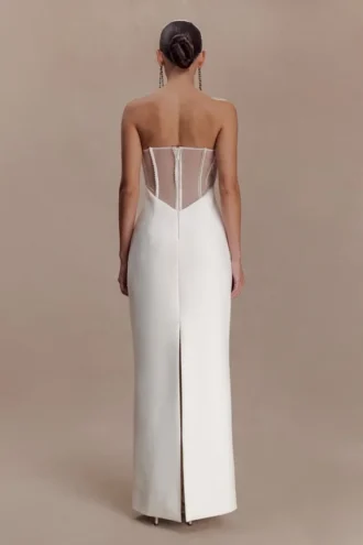 Vestido largo sin tirantes Sloane con perlas – Blanco