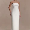 Vestido largo sin tirantes Sloane con perlas – Blanco