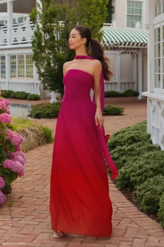 Vestido largo tipo bufanda de gasa Caira – Rosa oscuro degradado