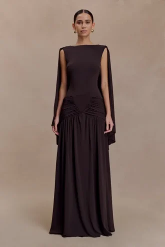 Vestido largo tipo capa de jersey Emory – Chocolate