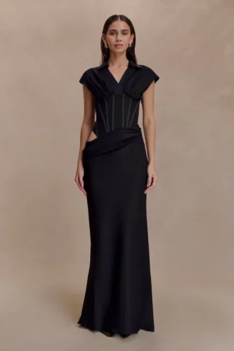 Vestido largo tipo corsé de camisa Saphira – Negro