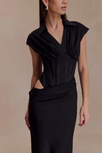 Vestido largo tipo corsé de camisa Saphira – Negro