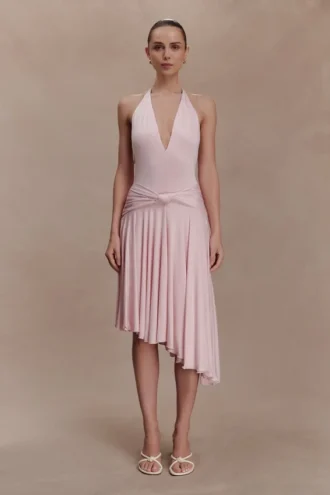 Vestido midi asimétrico y ceñido Zelda – Rosa ballet