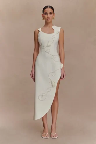 Vestido midi bordado de sarga Virginia – Blanco