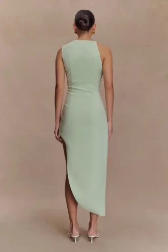 Vestido midi bordado de sarga Virginia – Salvia