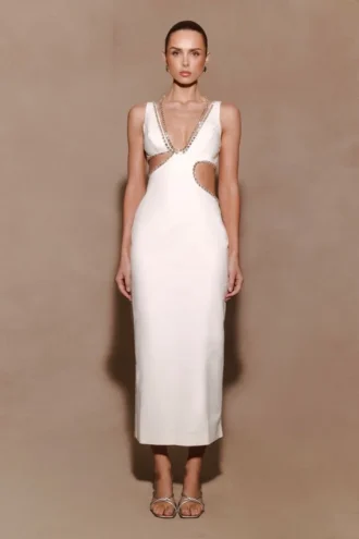 Vestido midi con aberturas y ribete de diamantes Henny – Blanco