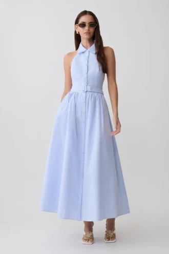 Vestido midi con cuello Cindy – Rayas diplomáticas azules