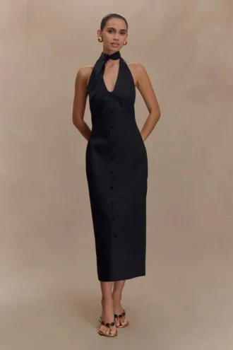 Vestido midi con cuello halter Simona – Negro