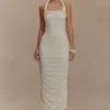 Vestido midi con cuello halter y fruncidos Camila – Marfil