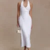 Vestido midi con cuello halter y fruncidos Daniela – Blanco Vestido midi con cuello halter y fruncidos Daniela – Blanco