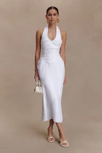 Vestido midi con cuello halter y fruncidos Daniela – Blanco