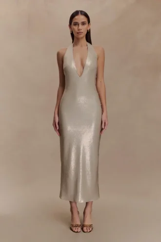 Vestido midi con cuello halter y lentejuelas Carnation – Dorado