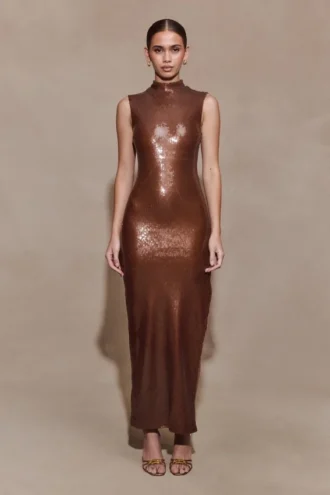 Vestido midi con lentejuelas Veronica – Chocolate