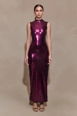 Vestido midi con lentejuelas Veronica – Ciruela